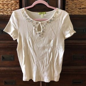 Sigrid Olsen cream rib knit short sleeve bejeweled top in size L